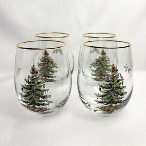 Spode Christmas Tree Stemless Wine Glasses Set of 4 16 oz Gold Rim Holiday Décor
